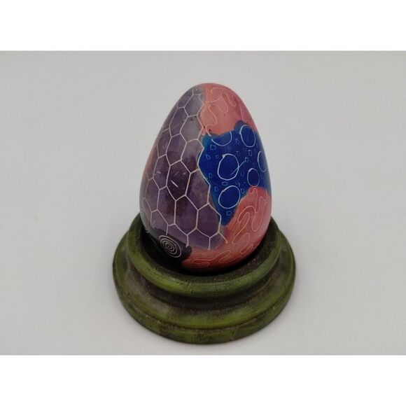 𝅺SOAPSTONE Egg with Swirls Scales Blue Gray & Pink - Picture 1 of 6